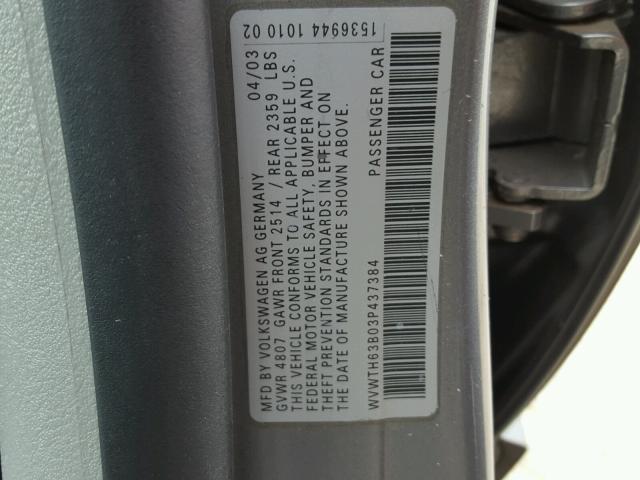 WVWTH63B03P437384 - 2003 VOLKSWAGEN PASSAT GLX GRAY photo 10