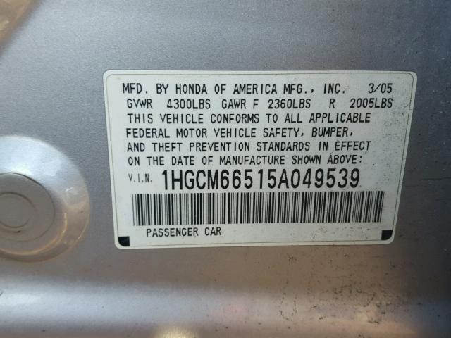 1HGCM66515A049539 - 2005 HONDA ACCORD EX SILVER photo 10