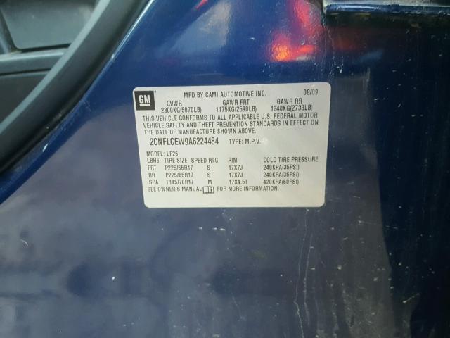 2CNFLCEW9A6224484 - 2010 CHEVROLET EQUINOX LS BLUE photo 10