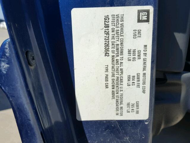 1G2JB12F737263642 - 2003 PONTIAC SUNFIRE BLUE photo 10