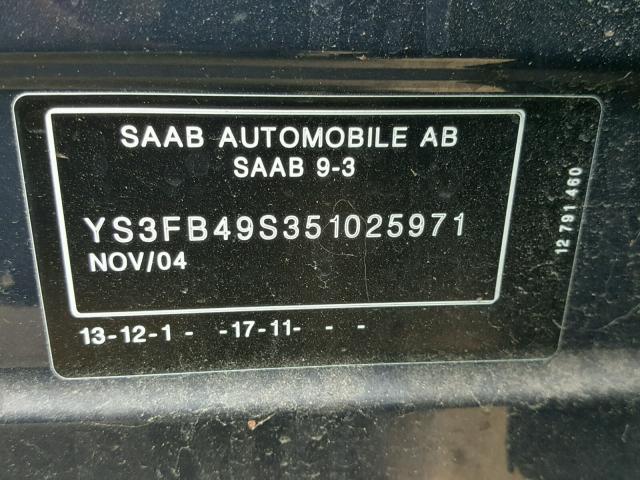 YS3FB49S351025971 - 2005 SAAB 9-3 LINEAR BLUE photo 10