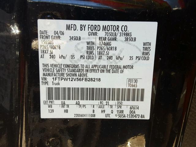 1FTPW12V56FB28218 - 2006 FORD F150 SUPER BLACK photo 10