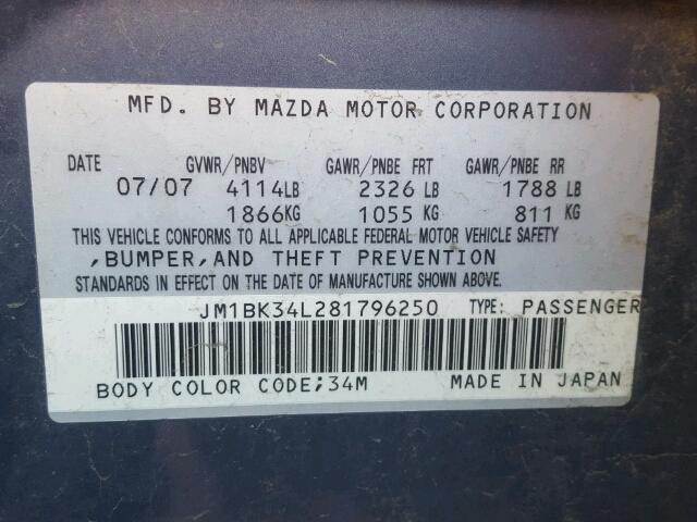 JM1BK34L281796250 - 2008 MAZDA SPEED 3 BLUE photo 10