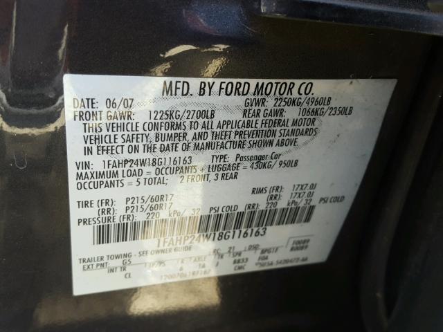 1FAHP24W18G116163 - 2008 FORD TAURUS SEL CHARCOAL photo 10