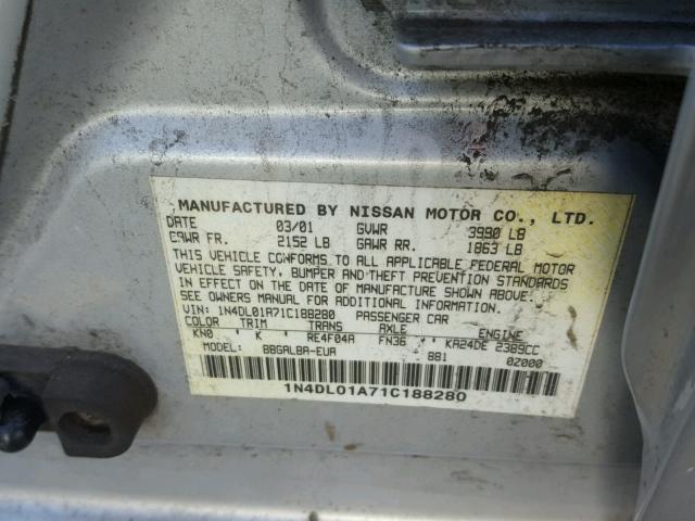 1N4DL01A71C188280 - 2001 NISSAN ALTIMA GXE SILVER photo 10