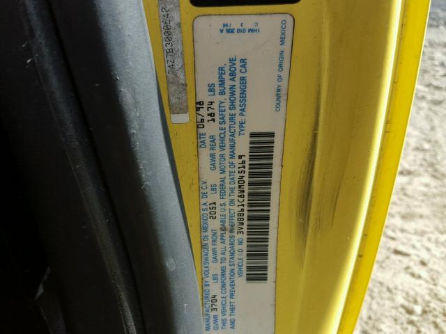 3VWBB61C8WM045169 - 1998 VOLKSWAGEN NEW BEETLE YELLOW photo 10