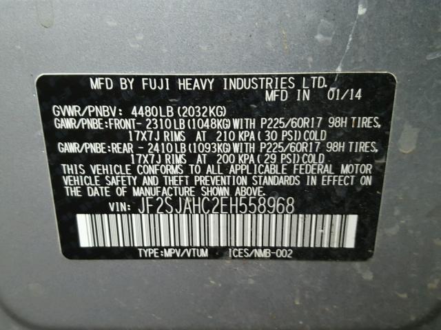 JF2SJAHC2EH558968 - 2014 SUBARU FORESTER 2 GRAY photo 10