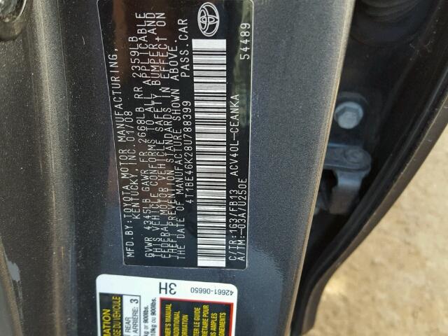 4T1BE46K28U788399 - 2008 TOYOTA CAMRY CE GRAY photo 10