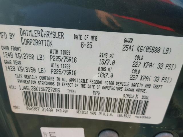 1J4GL38K15W727286 - 2005 JEEP LIBERTY RE GREEN photo 10