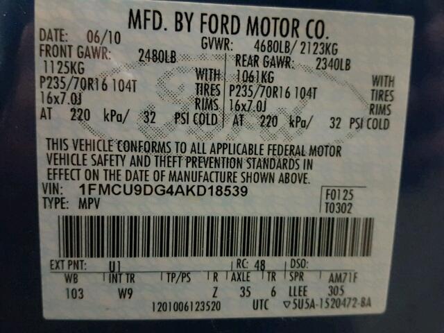 1FMCU9DG4AKD18539 - 2010 FORD ESCAPE XLT BLUE photo 10