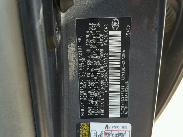 4T1BE46K47U618382 - 2007 TOYOTA CAMRY NEW CHARCOAL photo 10