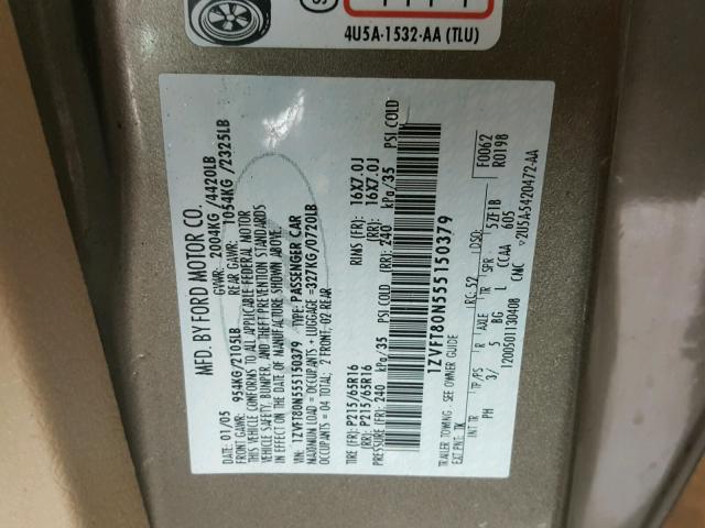 1ZVFT80N555150379 - 2005 FORD MUSTANG GRAY photo 10