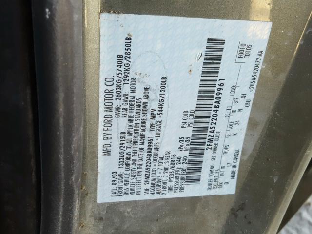 2FMZA52204BA09961 - 2004 FORD FREESTAR S GREEN photo 10