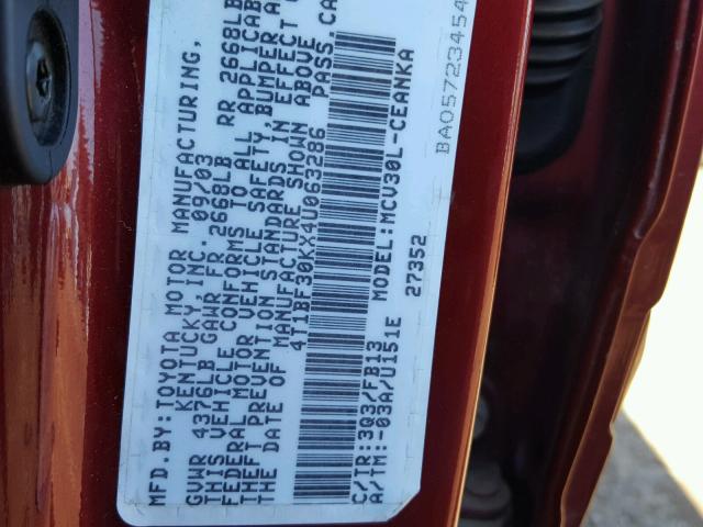 4T1BF30KX4U063286 - 2004 TOYOTA CAMRY LE MAROON photo 10