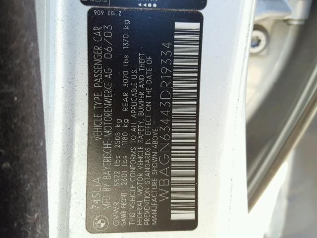 WBAGN63443DR19334 - 2003 BMW 745 LI SILVER photo 10