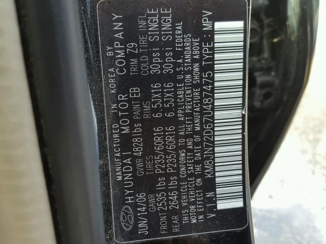 KM8JN72D67U487475 - 2007 HYUNDAI TUCSON SE BLACK photo 10