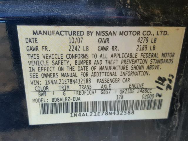 1N4AL21E78N432588 - 2008 NISSAN ALTIMA 2.5 BLUE photo 10