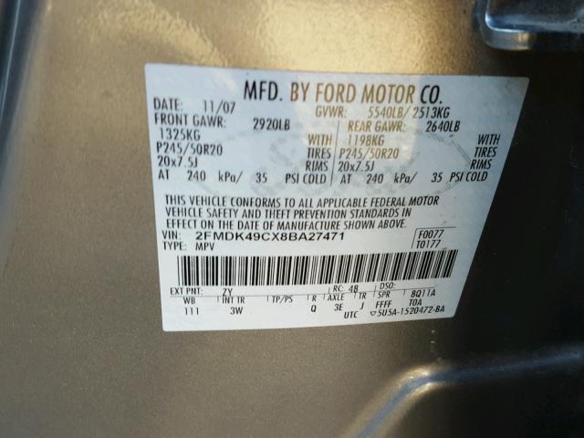 2FMDK49CX8BA27471 - 2008 FORD EDGE LIMIT SILVER photo 10