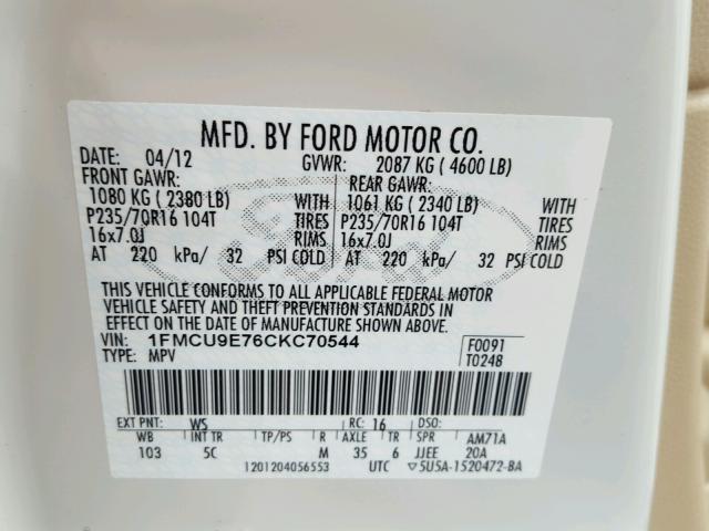 1FMCU9E76CKC70544 - 2012 FORD ESCAPE LIM WHITE photo 10