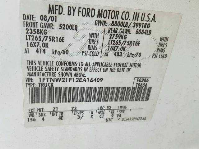 1FTNW21F12EA16409 - 2002 FORD F250 SUPER WHITE photo 10