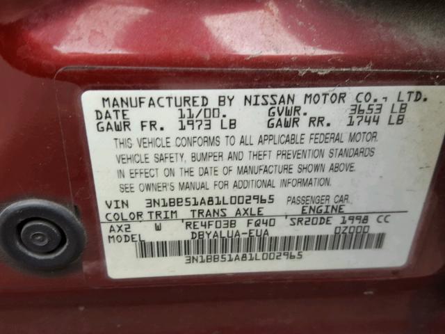 3N1BB51A81L002965 - 2001 NISSAN SENTRA SE MAROON photo 10