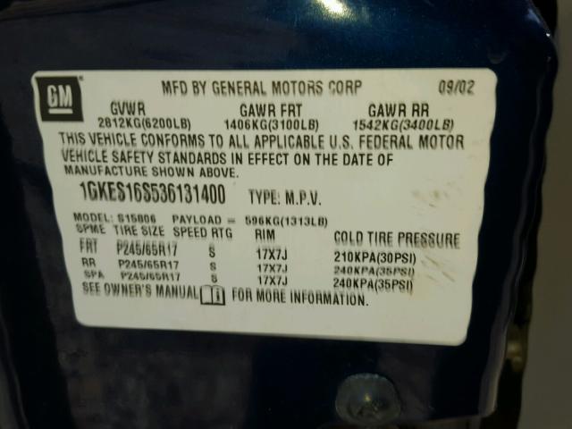 1GKES16S536131400 - 2003 GMC ENVOY XL BLUE photo 10