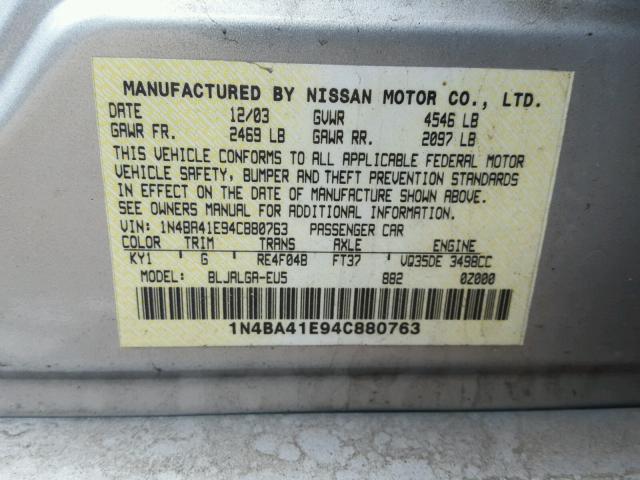 1N4BA41E94C880763 - 2004 NISSAN MAXIMA SE SILVER photo 10