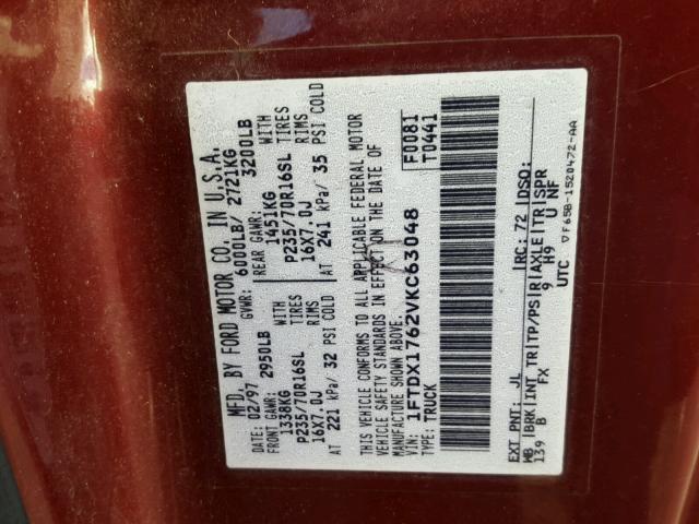 1FTDX1762VKC63048 - 1997 FORD F150 RED photo 10