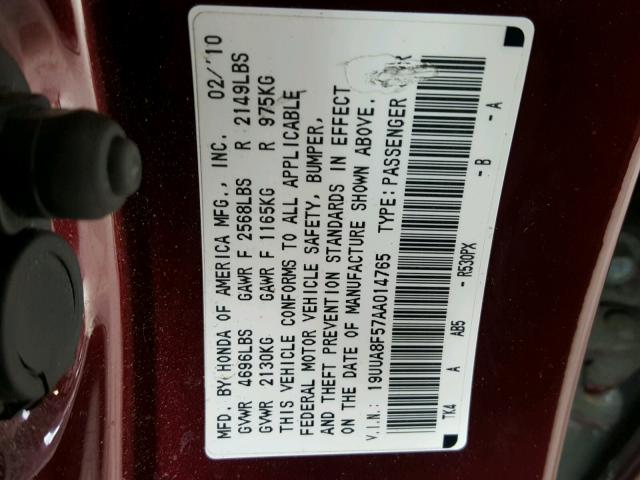 19UUA8F57AA014765 - 2010 ACURA TL RED photo 10