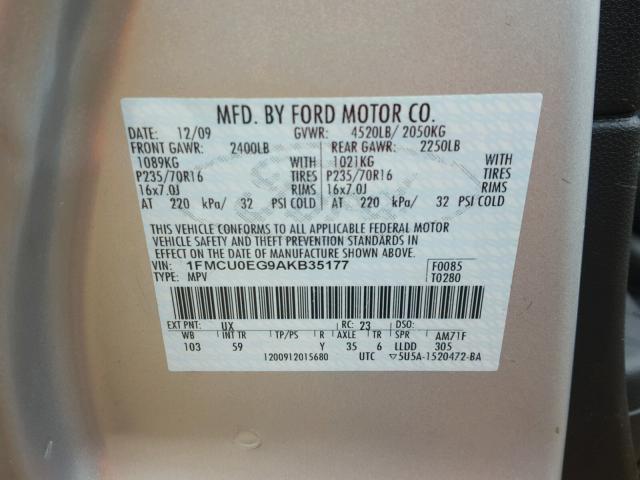 1FMCU0EG9AKB35177 - 2010 FORD ESCAPE LIM SILVER photo 10