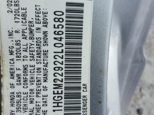 1HGEM22922L046580 - 2002 HONDA CIVIC EX ვერცხლისფერი ფოტო 10