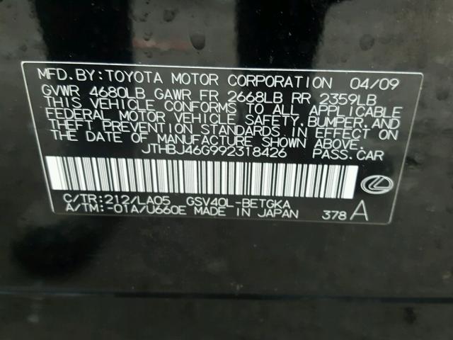 JTHBJ46G992318426 - 2009 LEXUS ES 350 BLACK photo 10