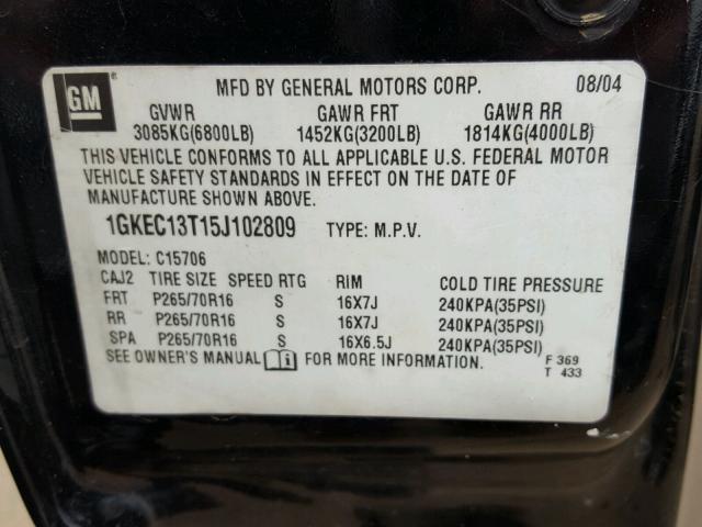 1GKEC13T15J102809 - 2005 GMC YUKON BLACK photo 10