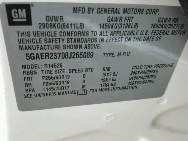 5GAER23708J266089 - 2008 BUICK ENCLAVE CX WHITE photo 10