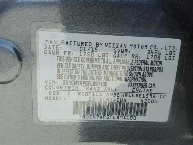 3N1CN7AP5FL891100 - 2015 NISSAN VERSA S GRAY photo 10