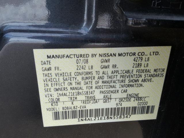 1N4AL21E18N558347 - 2008 NISSAN ALTIMA 2.5 GRAY photo 10