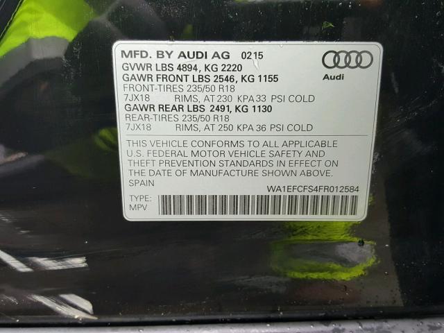 WA1EFCFS4FR012584 - 2015 AUDI Q3 PREMIUM BLACK photo 10