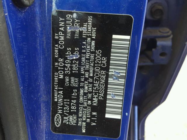 KMHCT5AE7CU012005 - 2012 HYUNDAI ACCENT GLS BLUE photo 10