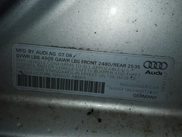 WAUSF78K59N012633 - 2009 AUDI A4 PREMIUM SILVER photo 10