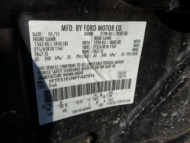 1FTFX1EG9FFA27513 - 2015 FORD F150 SUPER GRAY photo 10