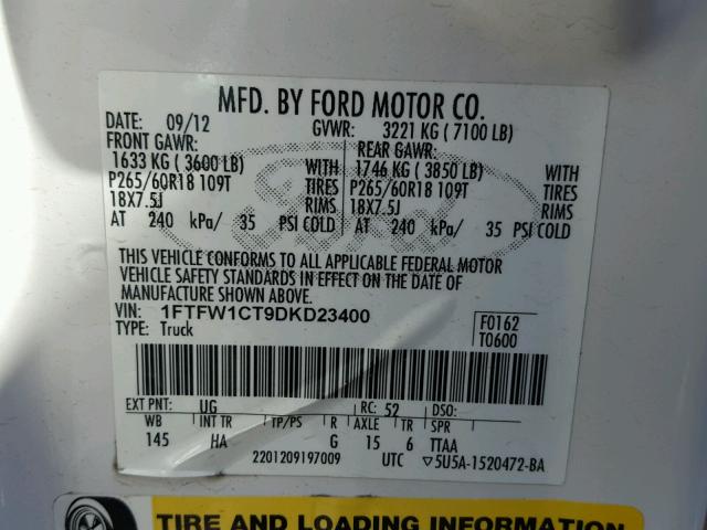 1FTFW1CT9DKD23400 - 2013 FORD F150 SUPER WHITE photo 10