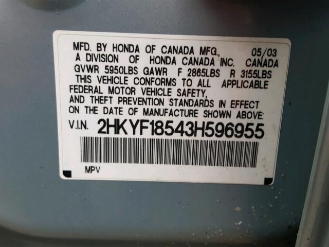 2HKYF18543H596955 - 2003 HONDA PILOT EXL BLUE photo 10