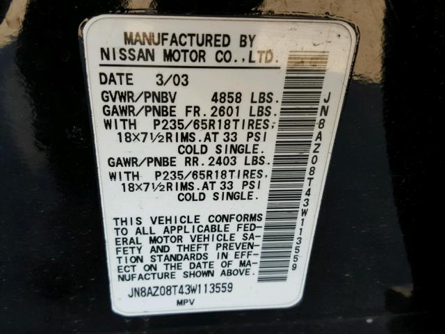 JN8AZ08T43W113559 - 2003 NISSAN MURANO SL BLACK photo 10