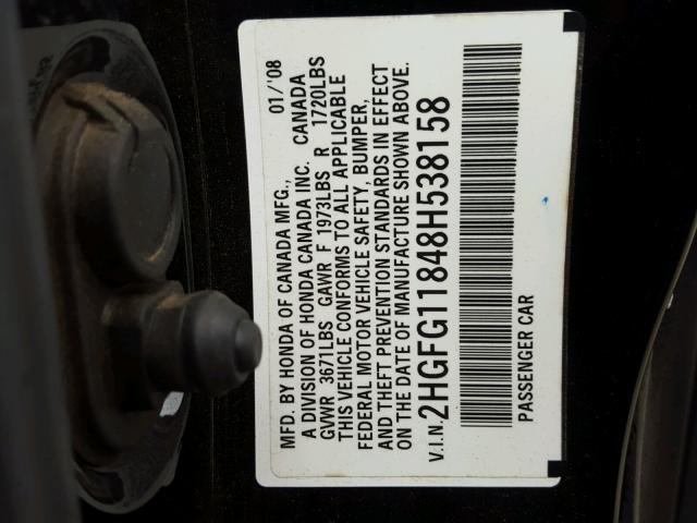 2HGFG11848H538158 - 2008 HONDA CIVIC EX BLACK photo 10