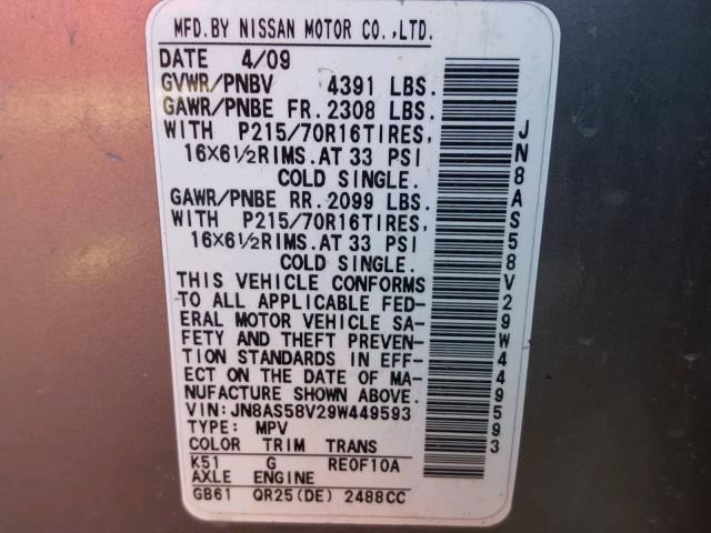 JN8AS58V29W449593 - 2009 NISSAN ROGUE S GRAY photo 10