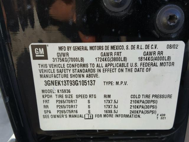 3GNEK13T93G105137 - 2003 CHEVROLET AVALANCHE BLACK photo 10