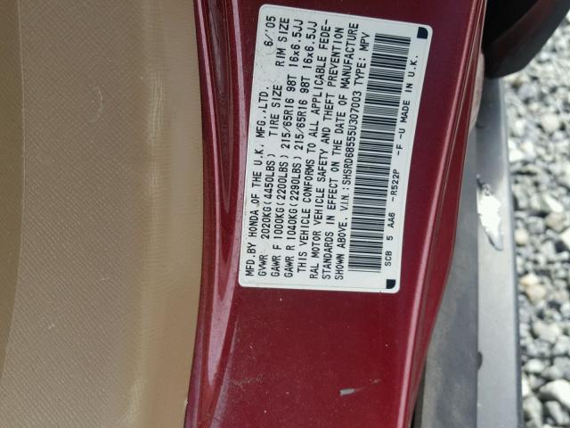 SHSRD68555U307003 - 2005 HONDA CR-V LX MAROON photo 10