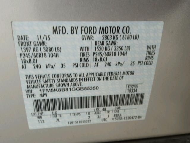 1FM5K8B81GGB55350 - 2016 FORD EXPLORER SILVER photo 10