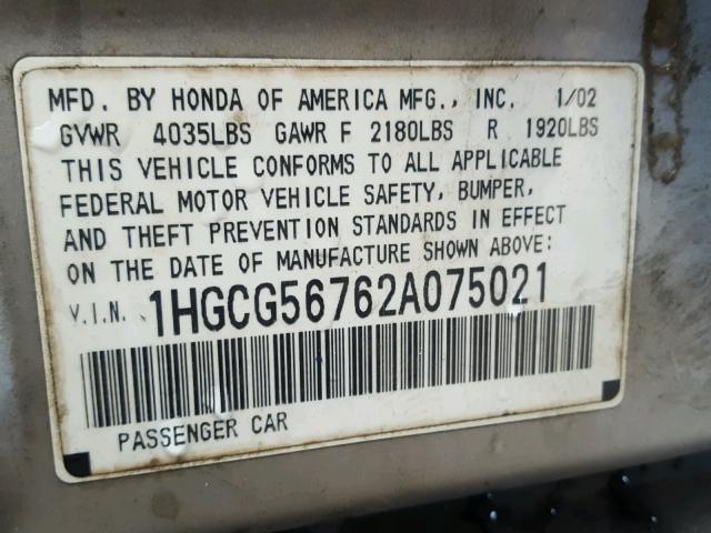 1HGCG56762A075021 - 2002 HONDA ACCORD SE SILVER photo 10