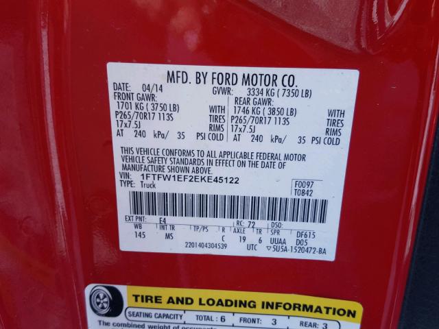 1FTFW1EF2EKE45122 - 2014 FORD F150 SUPER RED photo 10